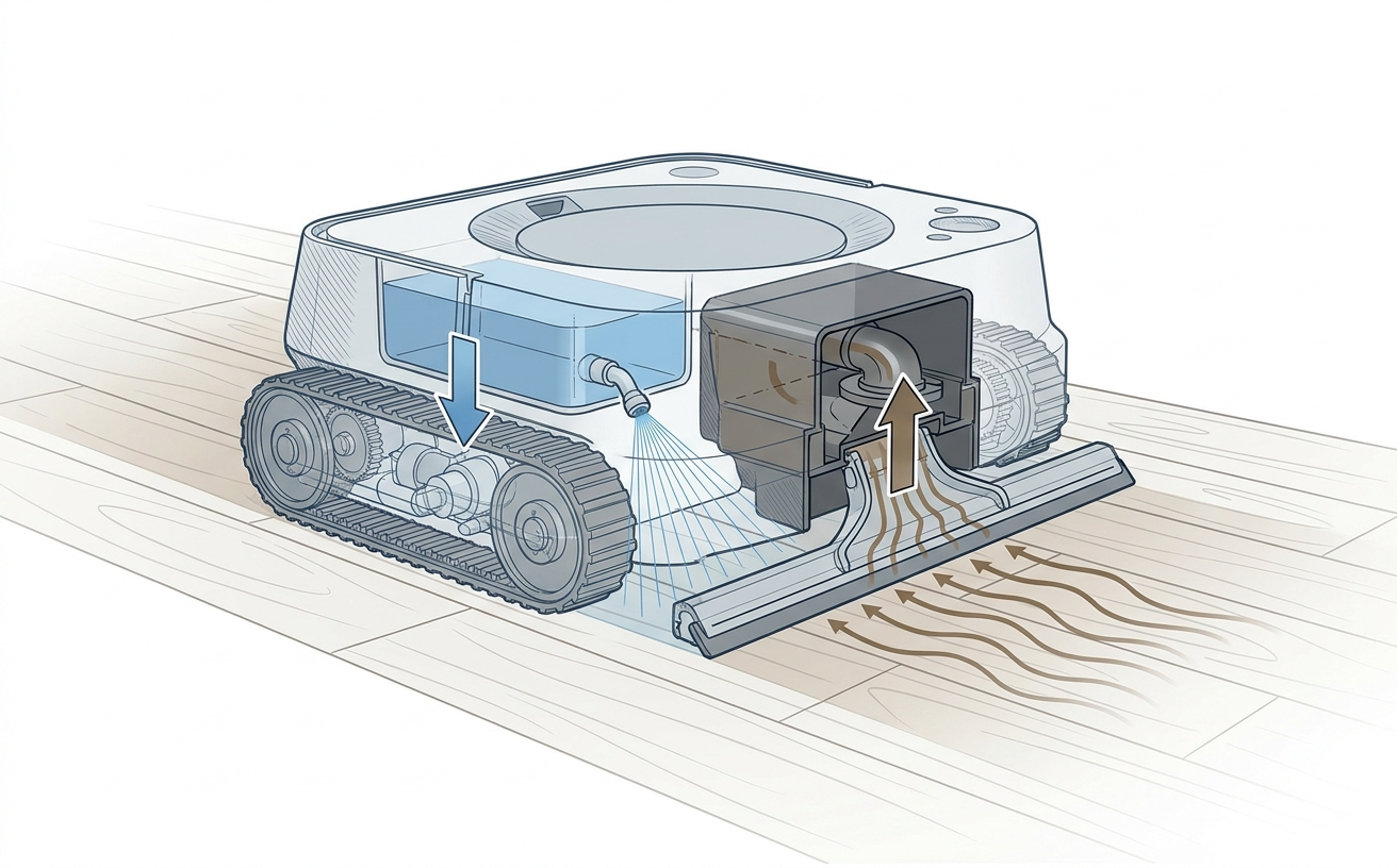 Illustration of a robotic vacuum showing its internal components, highlighting the suction and cleaning mechanism.