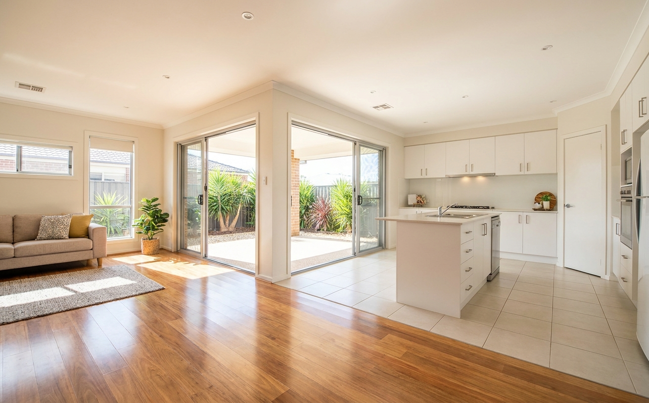 Bright, modern kitchen and living area with large windows, wooden flooring, and a cozy couch, creating an inviting atmosphere.