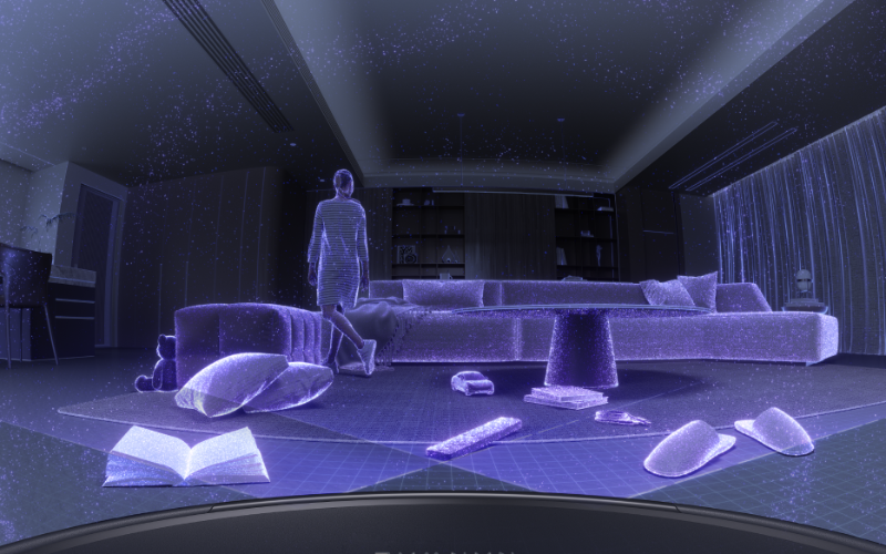 A futuristic living room scene in purple hues, showcasing a holographic figure and various objects, emphasizing the narwal flow 2 vs flow.