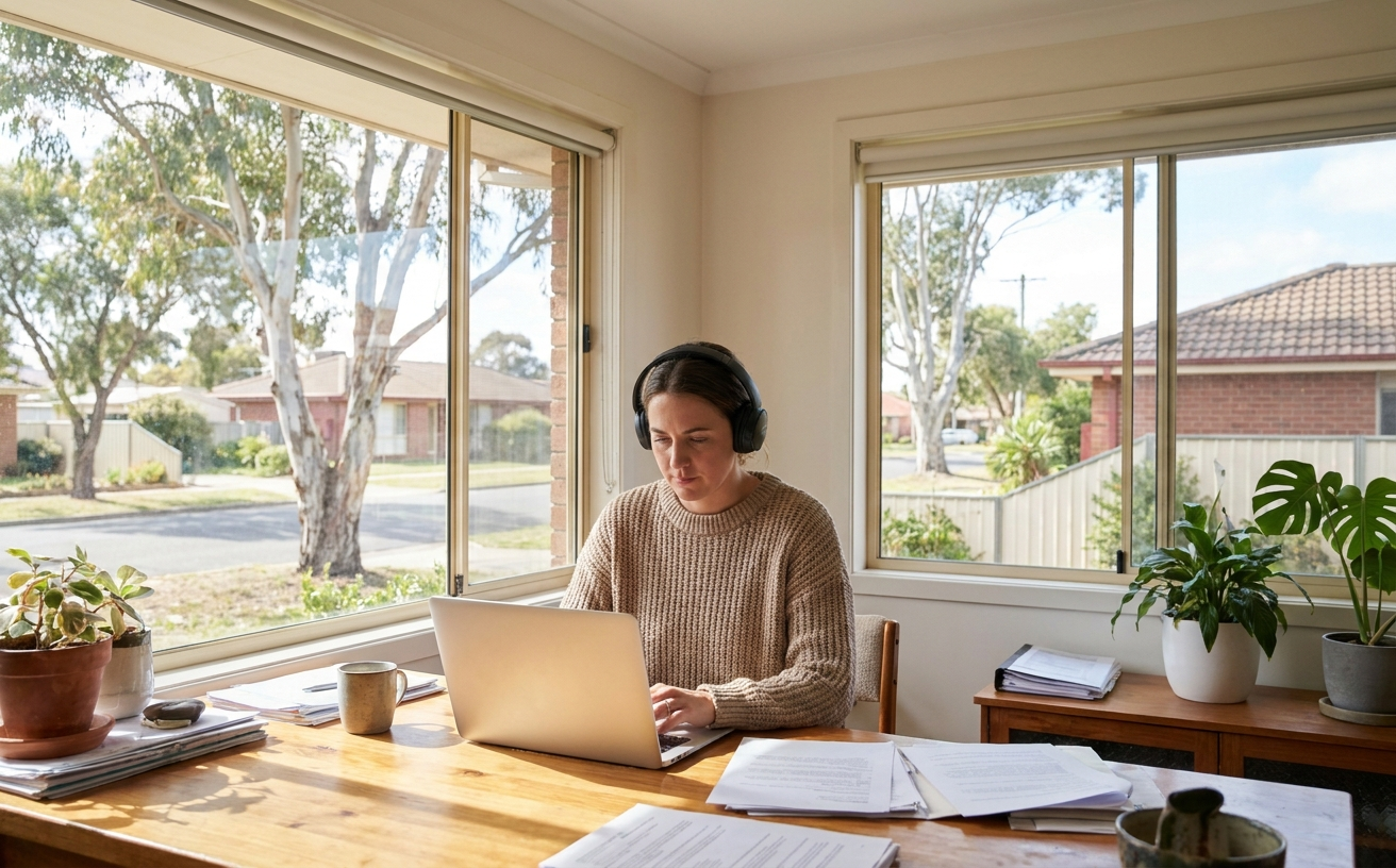A woman wearing headphones works on a laptop at a wooden table, enjoying the peaceful atmosphere created by the quietest robot vacuum Australia.