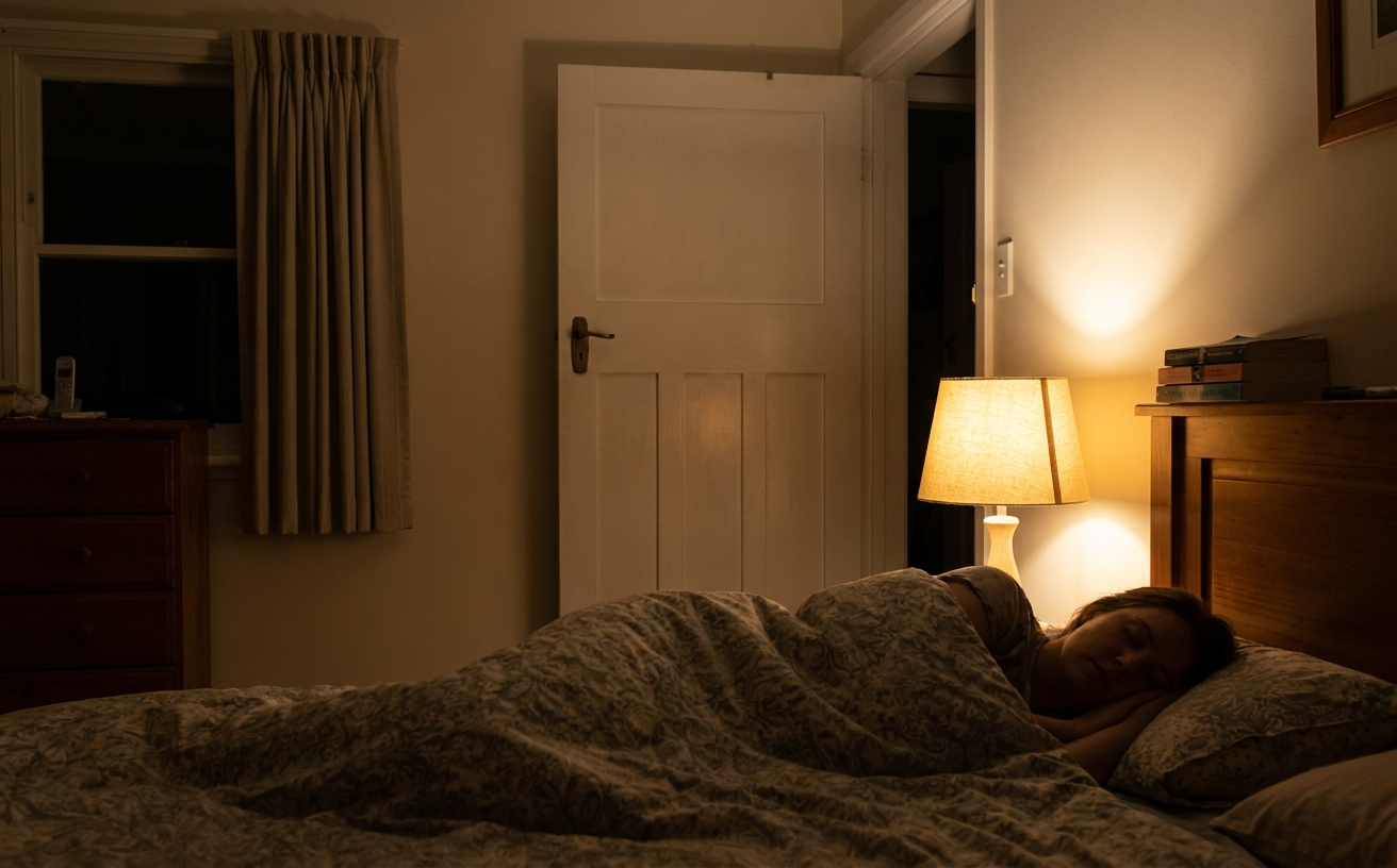 A peaceful bedroom scene at night, highlighting the comfort of using the quietest robot vacuum in Australia.