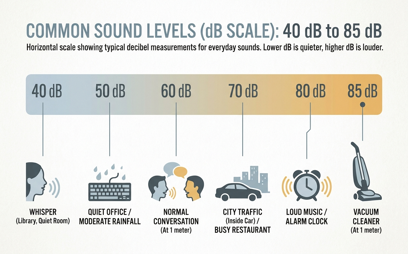 A decibel scale illustrating common sound levels, highlighting the quietest robot vacuum in Australia at 40 dB.