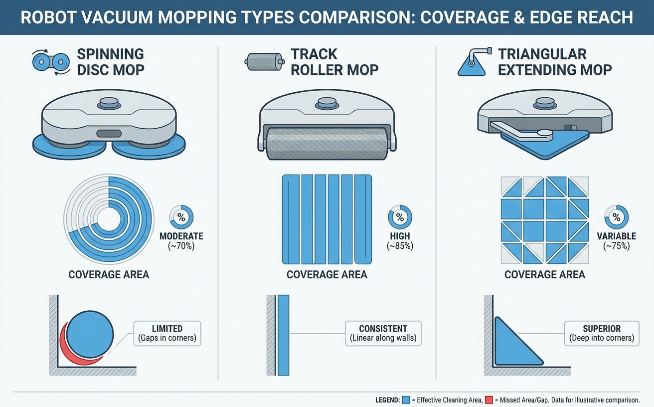 Comparison chart of robot vacuum mopping types: spinning disc, track roller, and triangular mops for the best robot vacuum Australia 2026.