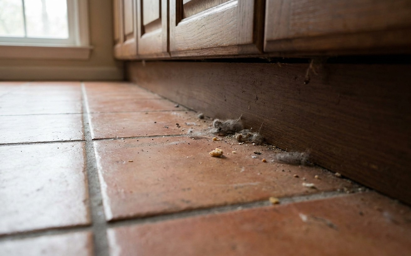Dust and debris accumulate along the floor, highlighting the need for the best robot vacuum Australia 2026.