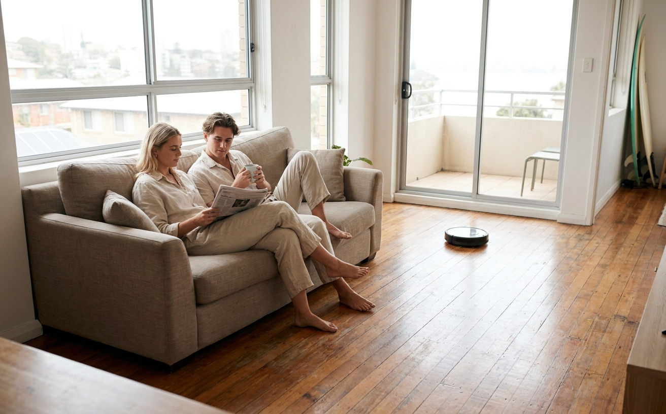 A couple relaxes on a sofa while a robot vacuum operates in their stylish living room, showcasing the best robot vacuum Australia 2026.