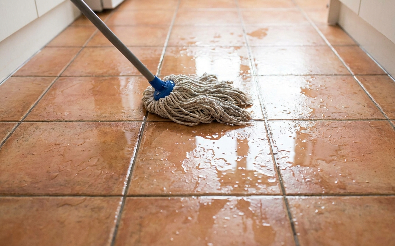 A mop cleaning a tiled floor, showcasing the efficiency of the best vacuum mop combo Australia for maintaining cleanliness.
