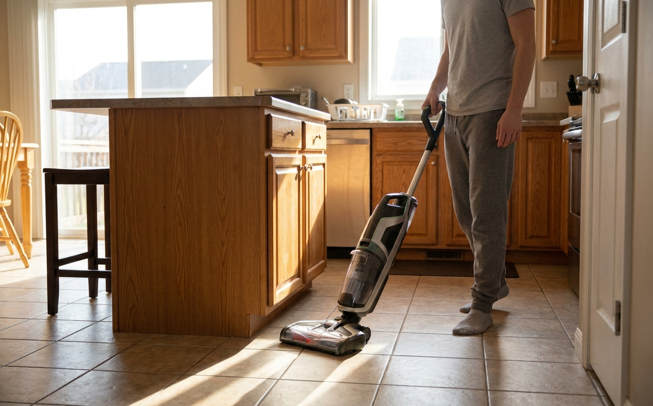 A person using a vacuum mop combo in a kitchen, showcasing the best vacuum mop combo Australia for easy cleaning.