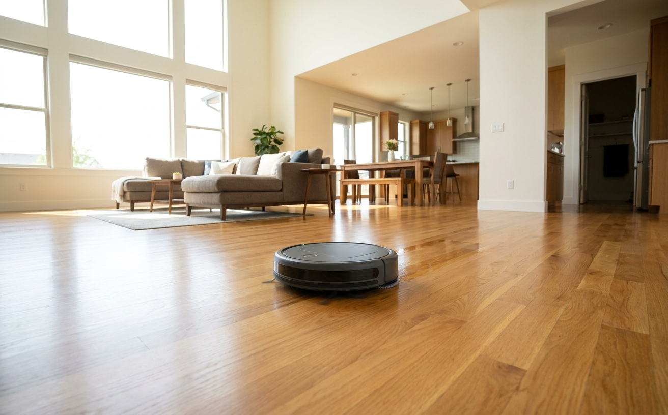 A sleek vacuum mop combo operates on polished wooden floors, showcasing the best vacuum mop combo Australia has to offer for easy cleaning.