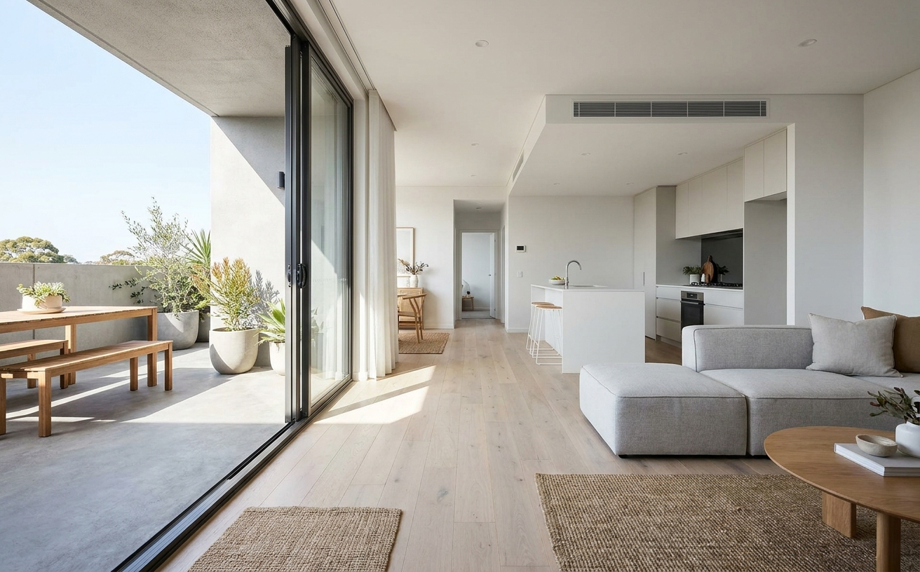 A modern living space with a cozy couch, open kitchen, and indoor plants, ideal for using the best vacuum mop combo Australia.