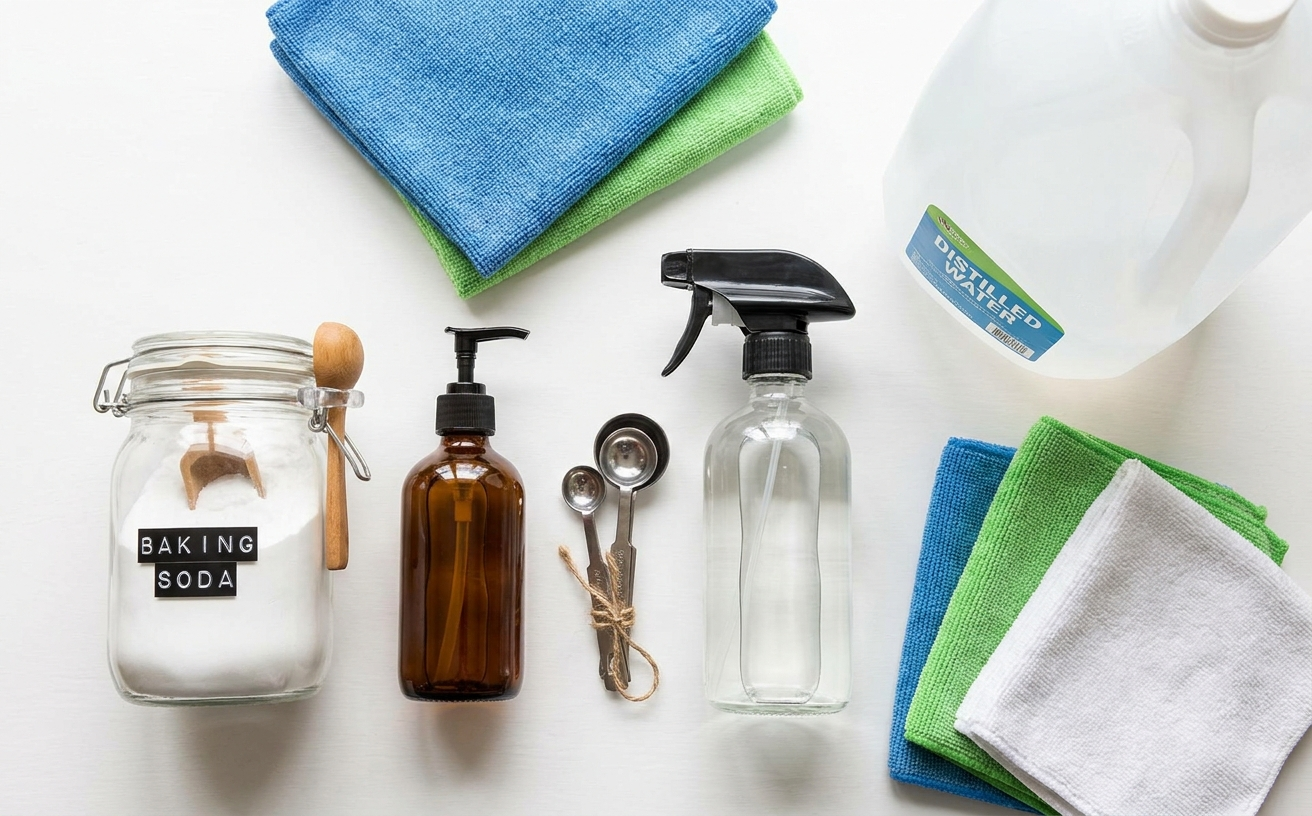 A variety of cleaning supplies arranged on a countertop, featuring the narwal cleaning solution alongside towels and measuring tools.