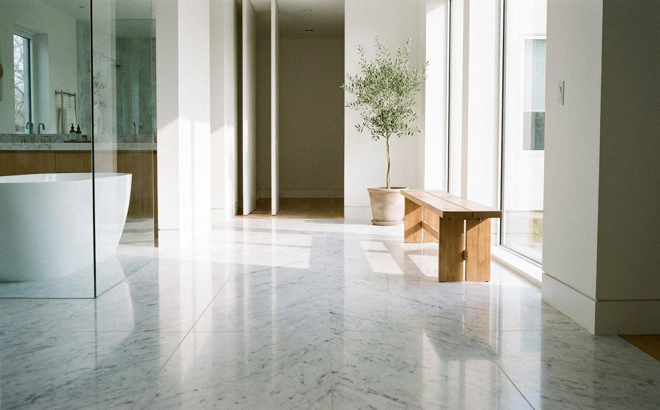 A bright and modern interior featuring a sleek bathtub, wooden bench, and narwal cleaning solution for a fresh ambiance.