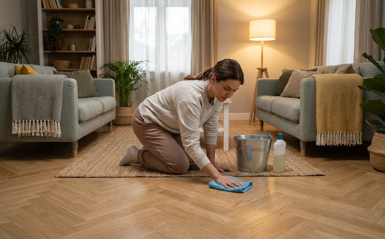A woman cleans the floor with a cloth, using Narwal cleaning solution, in a cozy living room filled with plants.