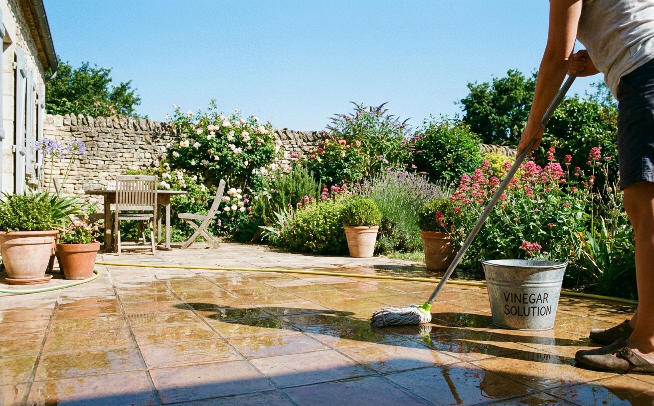 A person mops a sunny patio surrounded by flowers, using a bucket labeled