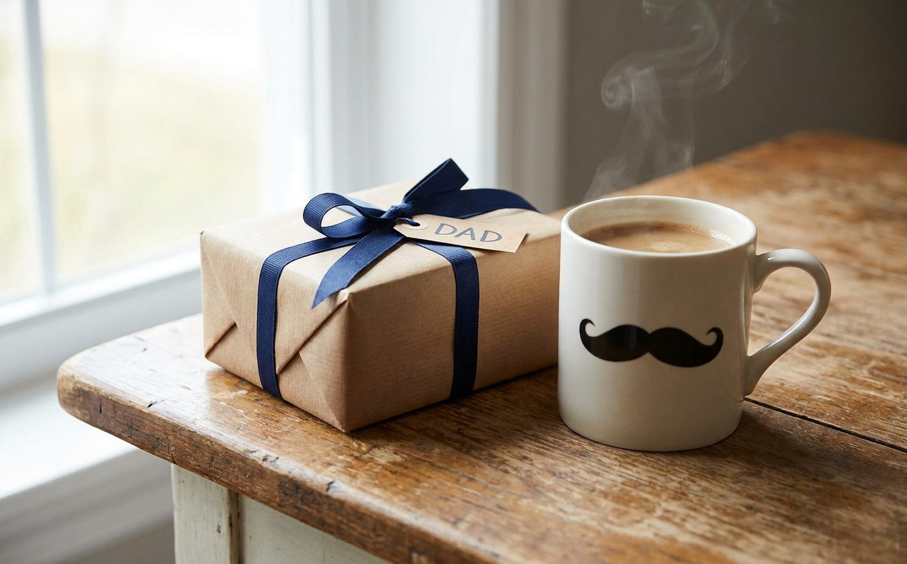 A gift wrapped for Dad sits beside a steaming cup, perfect for celebrating Father's Day in Australia.