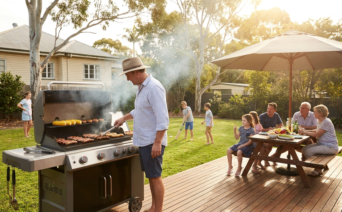 A joyful family barbecue in Australia, celebrating Father's Day with good food and laughter in a sunny backyard.