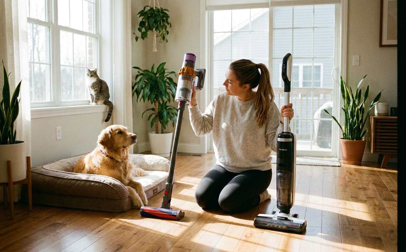 A woman compares two best hardwood floor vacuum mops while a dog and cat relax in a sunlit living room.