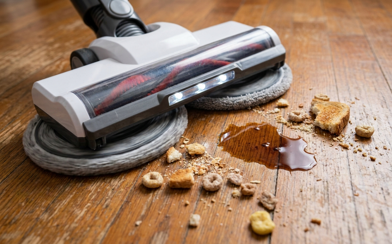 A hardwood floor vacuum mop effectively cleans up crumbs and spills, showcasing its efficiency on wooden surfaces.