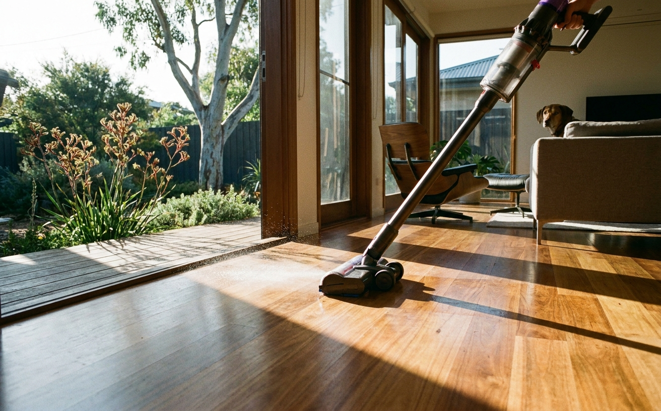 A person uses a vacuum mop on hardwood floors, showcasing the effectiveness of the best hardwood floor vacuum mop.