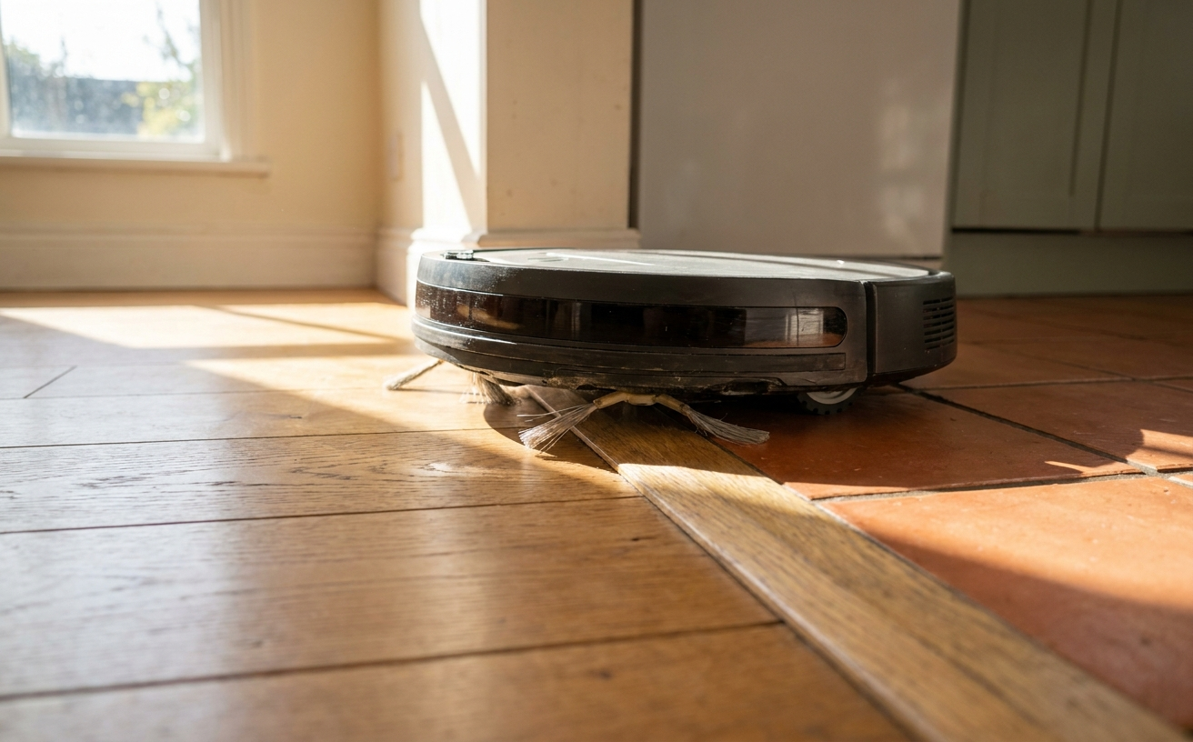 A sleek robot mop navigates between wood and tile floors, showcasing its efficiency as the best robot mop for cleaning.