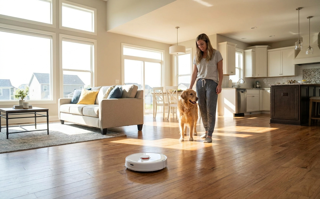 A woman watches her dog while a robot mop cleans the hardwood floor in a bright, modern living space, showcasing the best robot mop.
