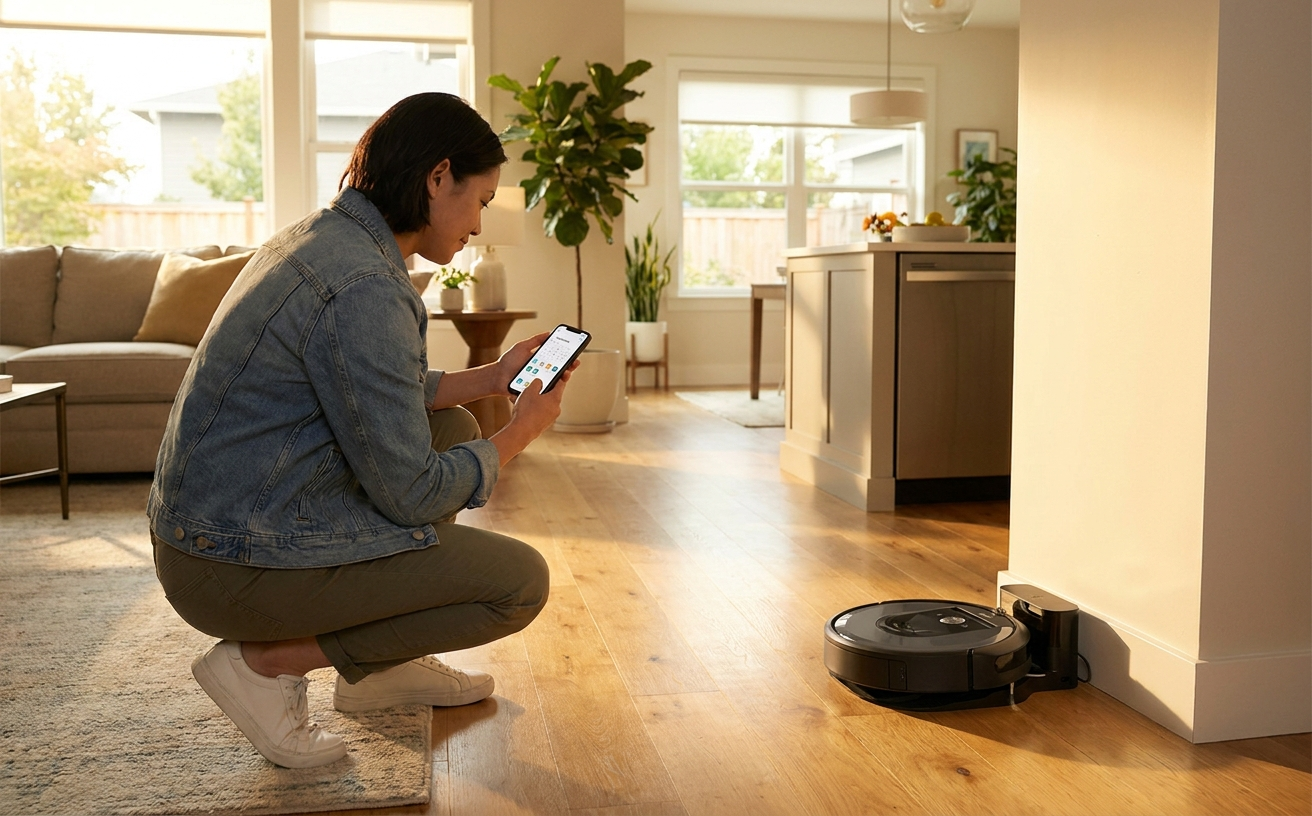 A person monitors a robot vacuum for hardwood floors while kneeling on a rug, showcasing modern home cleaning technology.
