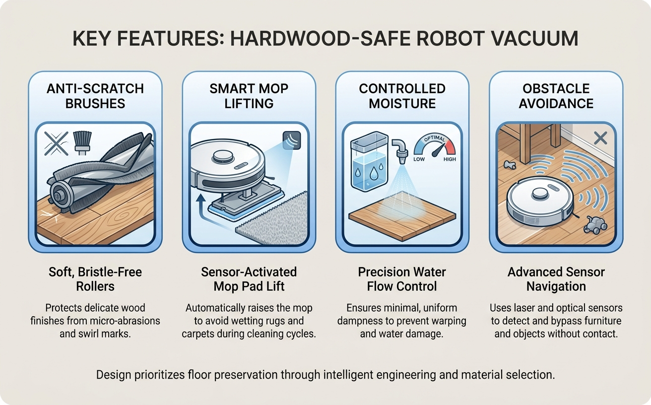 Key features of a robot vacuum for hardwood floors include anti-scratch brushes, smart mop lifting, and obstacle avoidance.