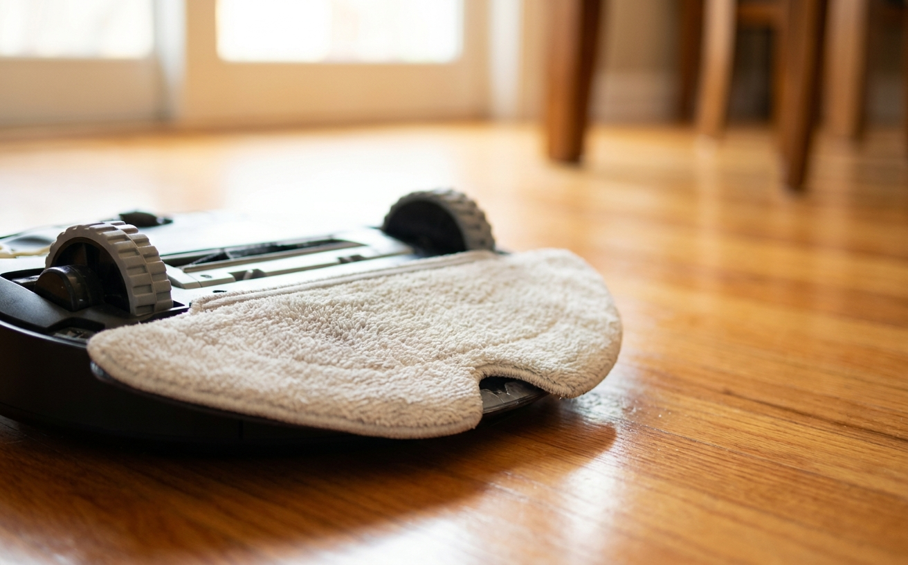 A close-up of a robot vacuum for hardwood floors, showcasing its cleaning pad on a polished wooden surface.