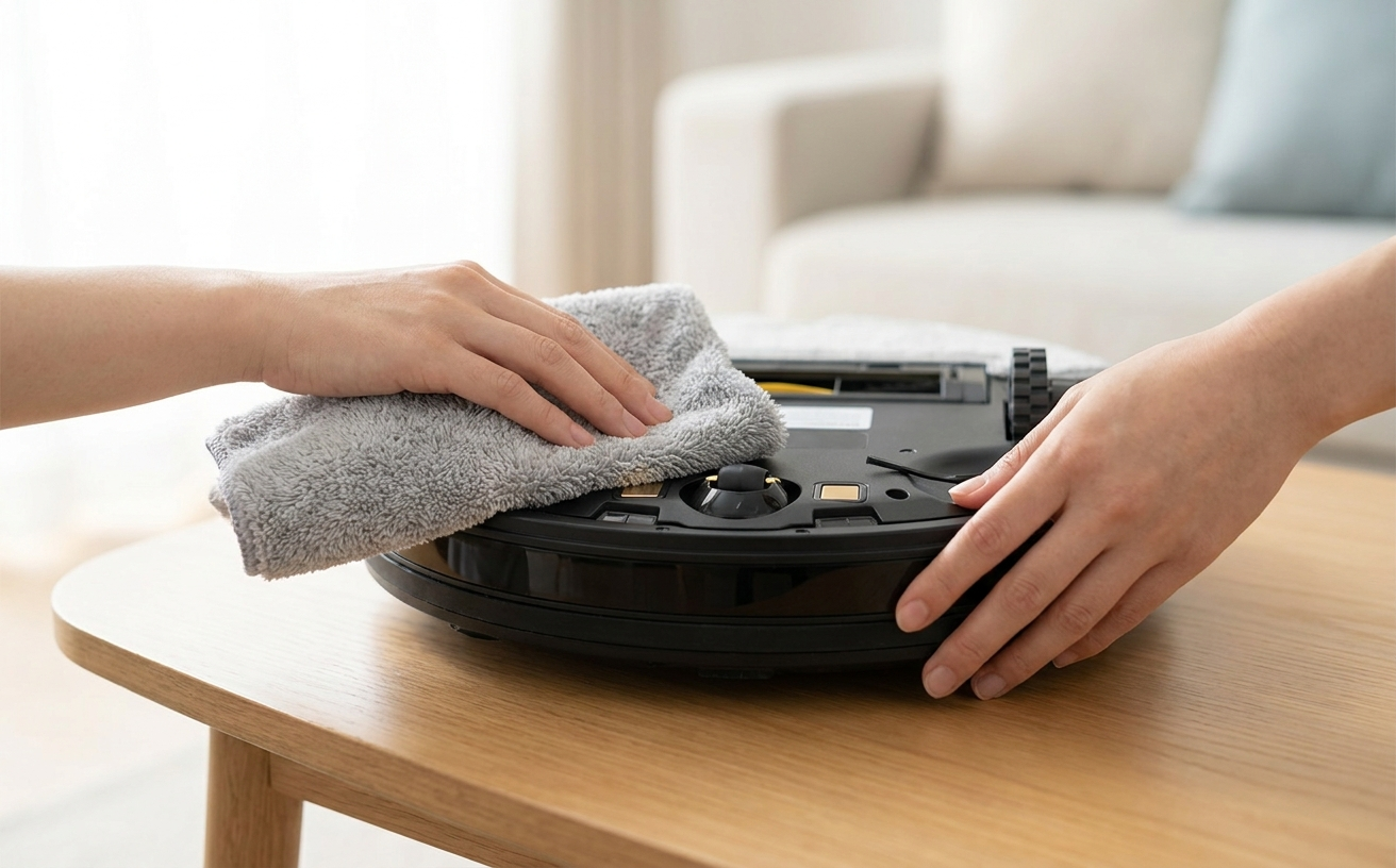 A person is cleaning a robot vacuum that can't find dock, ensuring it functions properly for efficient cleaning.