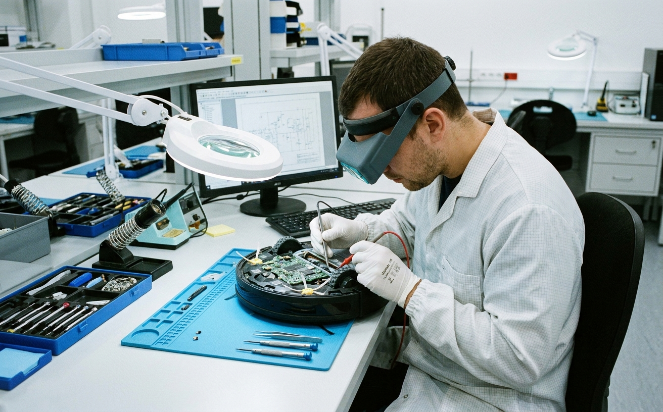 A technician repairs a robot vacuum that can't find its dock, using tools and a computer for diagnostics.