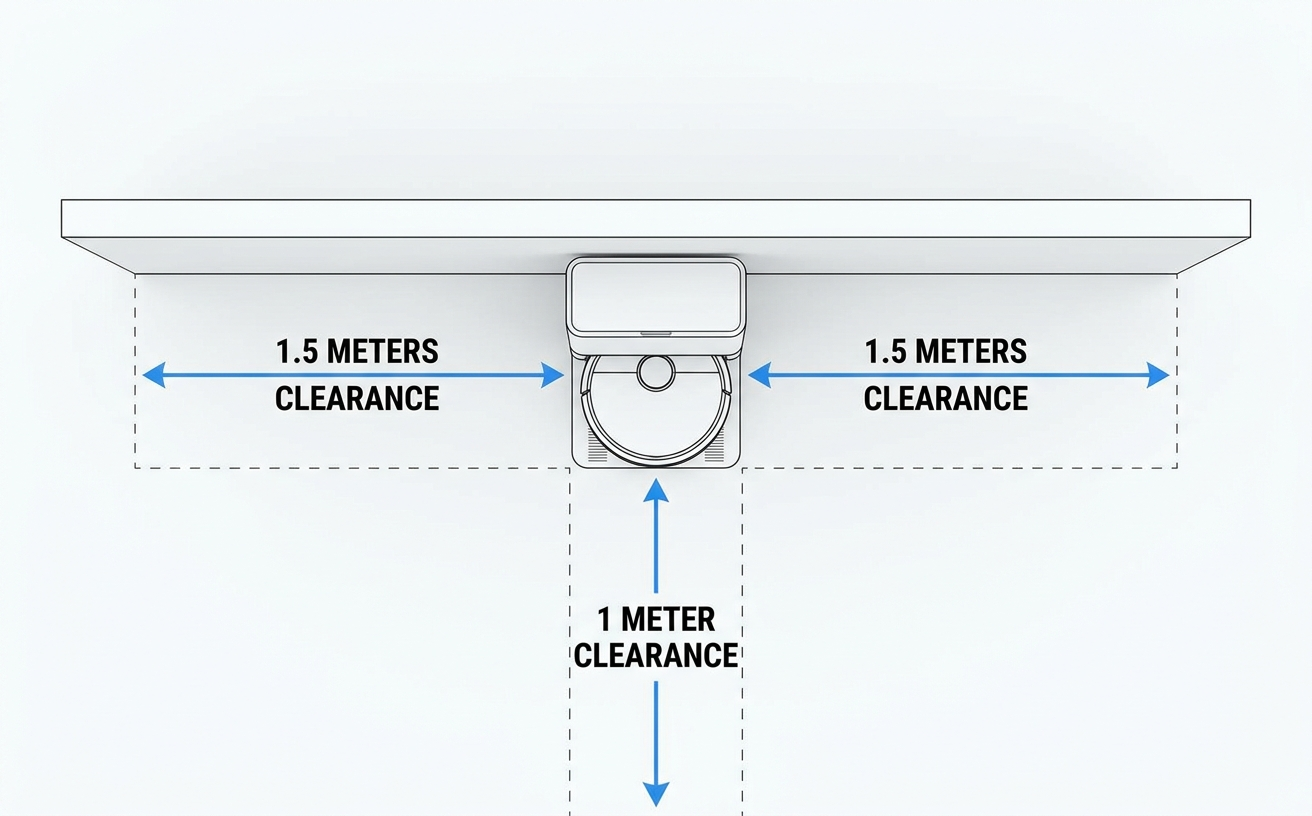 Diagram illustrating clearance requirements for a robot vacuum that can't find dock. Proper spacing ensures effective docking.