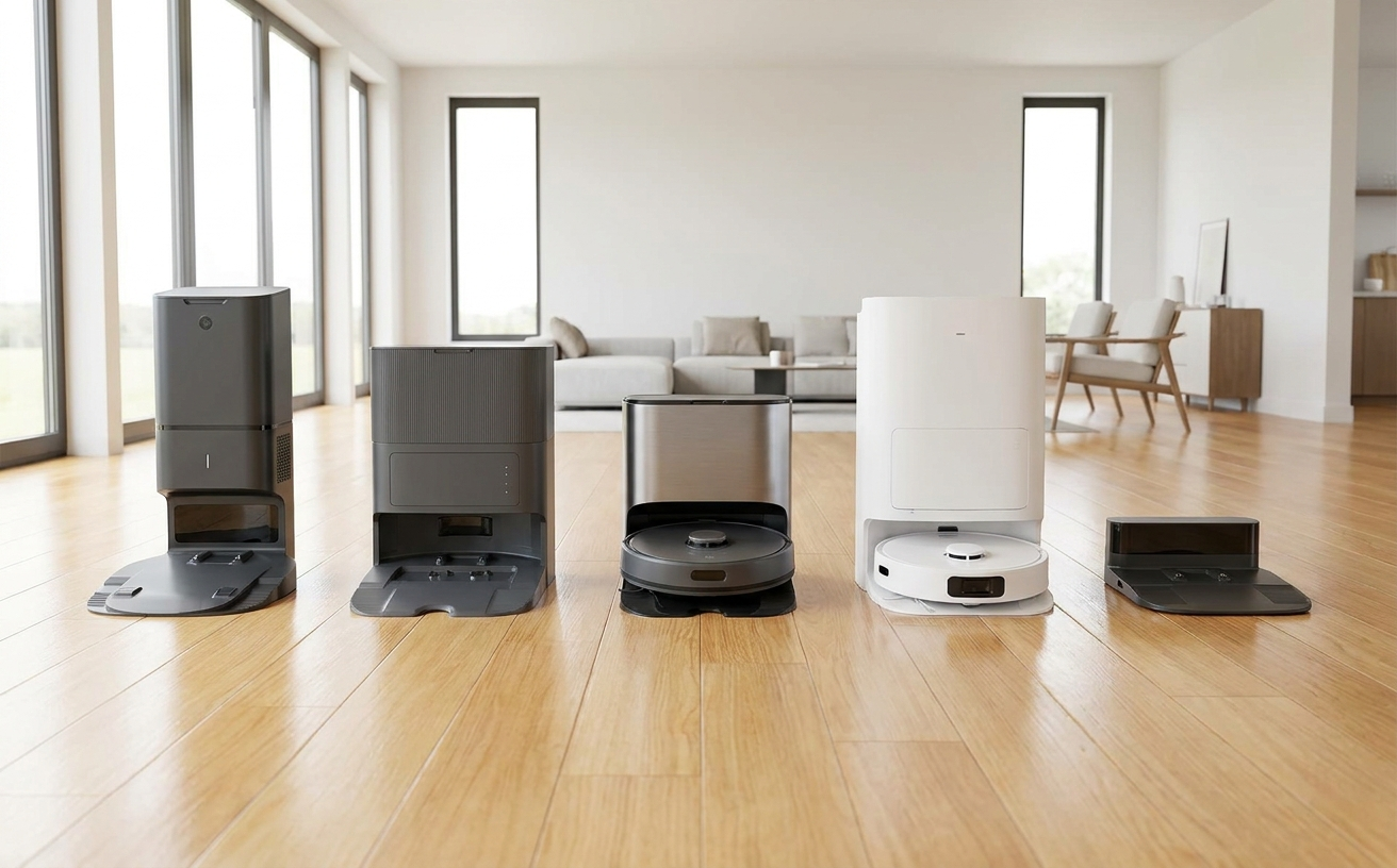 Various robot vacuum docks displayed in a modern living room, highlighting models that might struggle when the robot vacuum can't find dock.