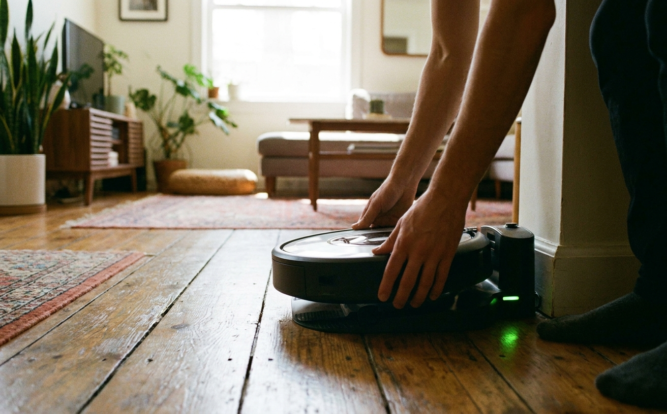 A person is adjusting a robot vacuum that can't find its dock, set in a cozy living room with plants and rugs.