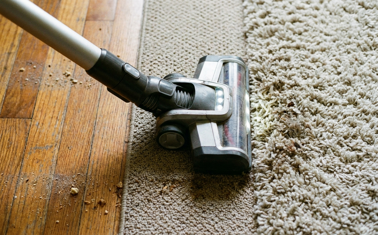 A vacuum cleaner showcasing its suction power while cleaning a carpet, removing dirt and debris from the surface.