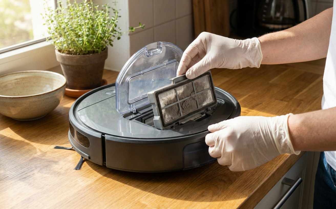 A person wearing gloves is removing the filter from a vacuum, showcasing its suction power and maintenance needs.