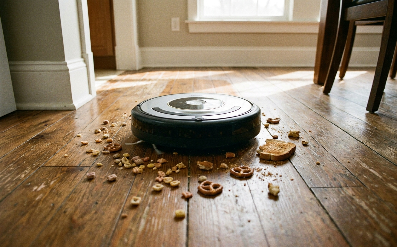 A robotic vacuum cleans crumbs and debris from a wooden floor, showcasing impressive suction power for effective cleanup.