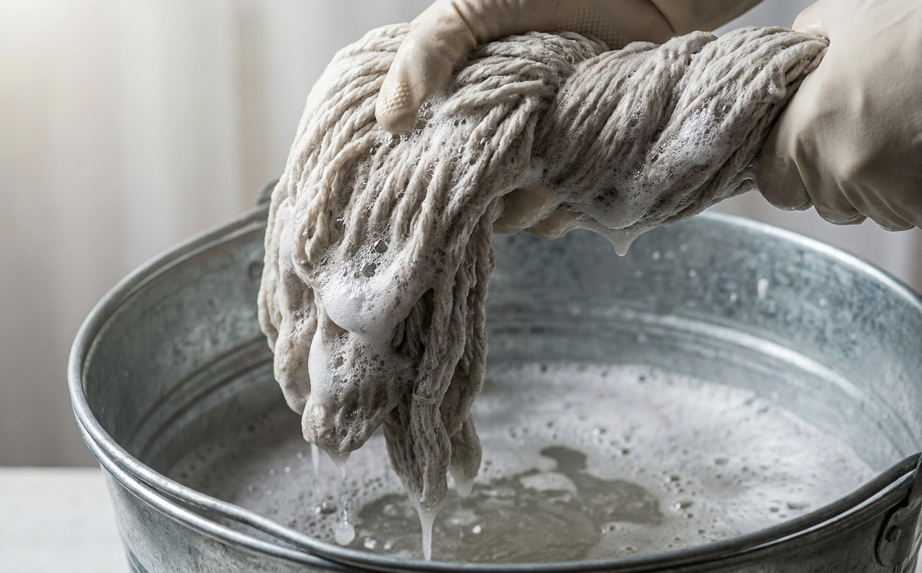 A hand in a glove wringing out a wet mop from a bucket, preparing to clean sticky floors effectively.