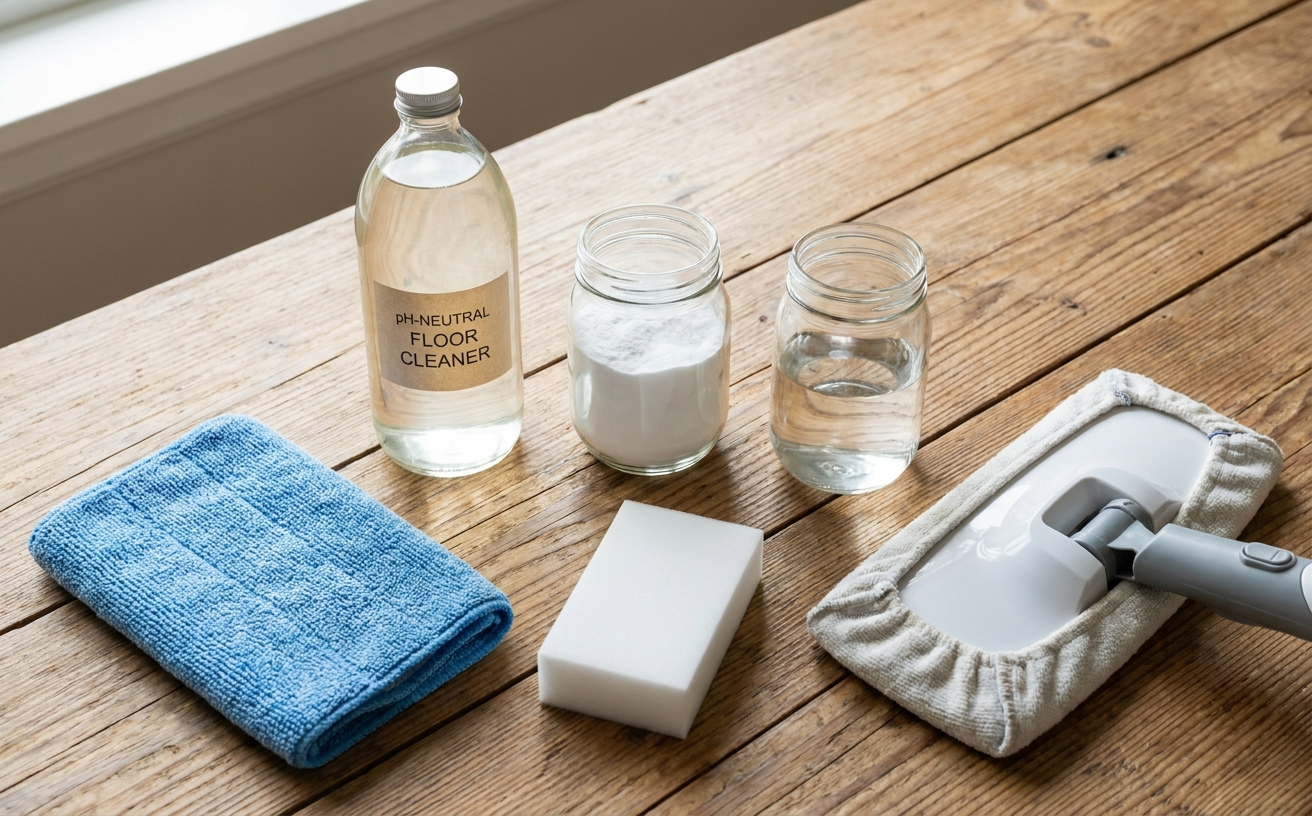 Essential cleaning supplies including a pH-neutral floor cleaner to help clean sticky floors effectively.