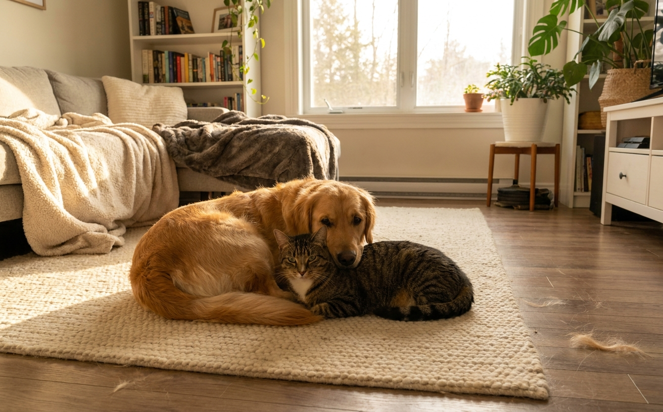 A cozy living room scene with a golden retriever and a tabby cat relaxing together on a rug, wondering how often should you vacuum.
