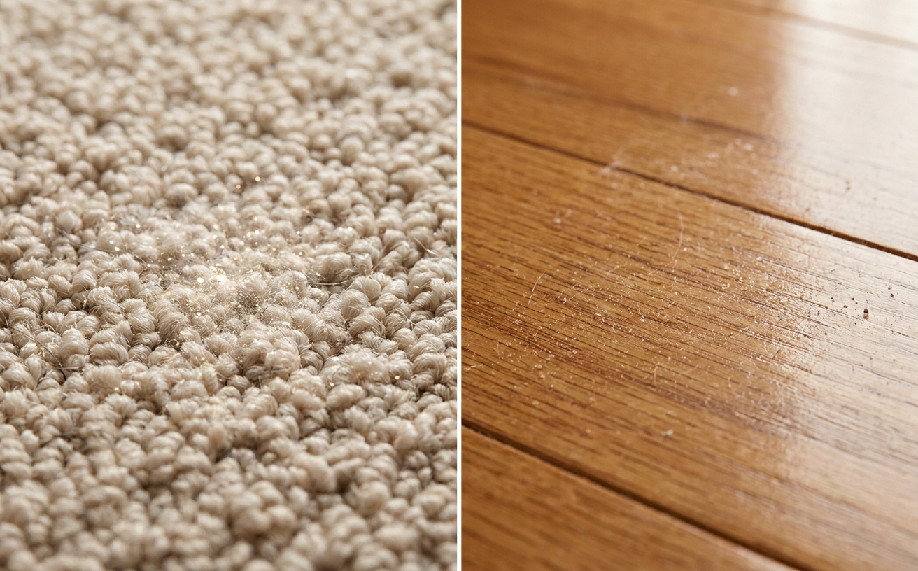 A close-up of dirt on carpet and hardwood, highlighting the question of how often should you vacuum for cleanliness.