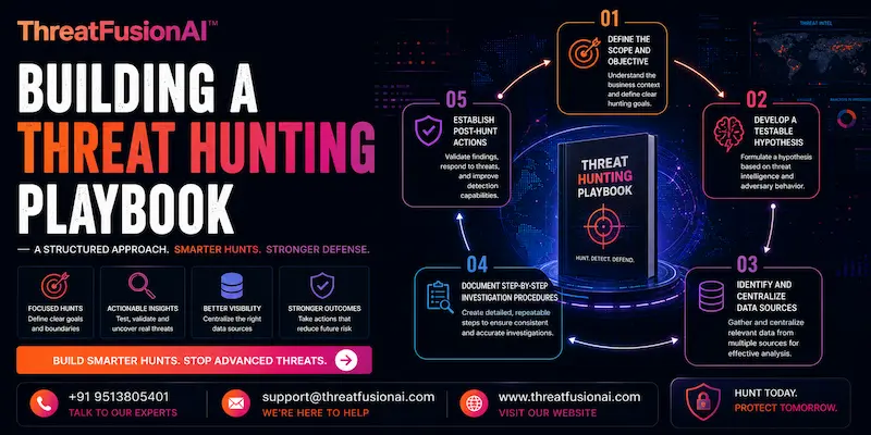 Professional cybersecurity infographic banner titled “Building a Threat Hunting Playbook” featuring a futuristic digital interface, ThreatFusionAI logo, and five key threat hunting steps including defining scope, developing hypotheses, centralizing data sources, documenting investigations, and post-hunt actions.