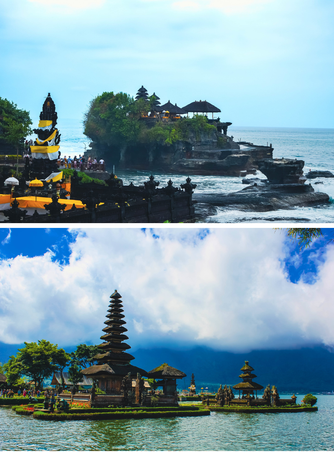 a split image shows two iconic Bali temples: Tanah Lot perched on a rocky sea cliff and Ulun Danu Beratan Temple floating on Lake.