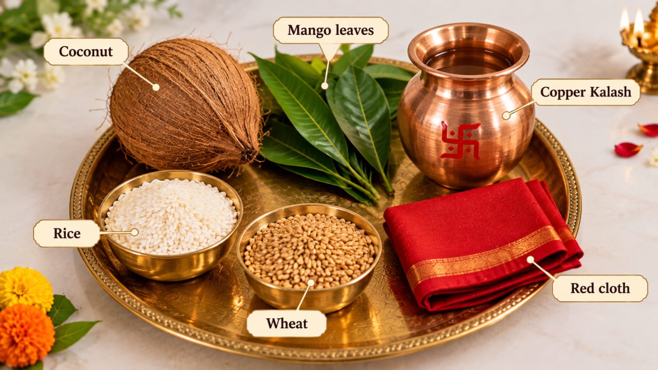 Brass thali with a coconut, fresh mango leaves, a copper kalash marked with a swastik, bowls of rice and wheat, and a folded red cloth