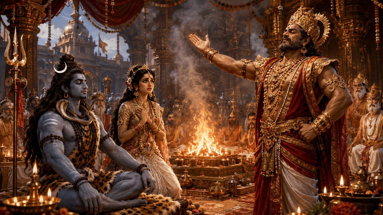 Daksha insulting Lord Shiva before the assembled gods and sages at his yagna, as Sati looks on