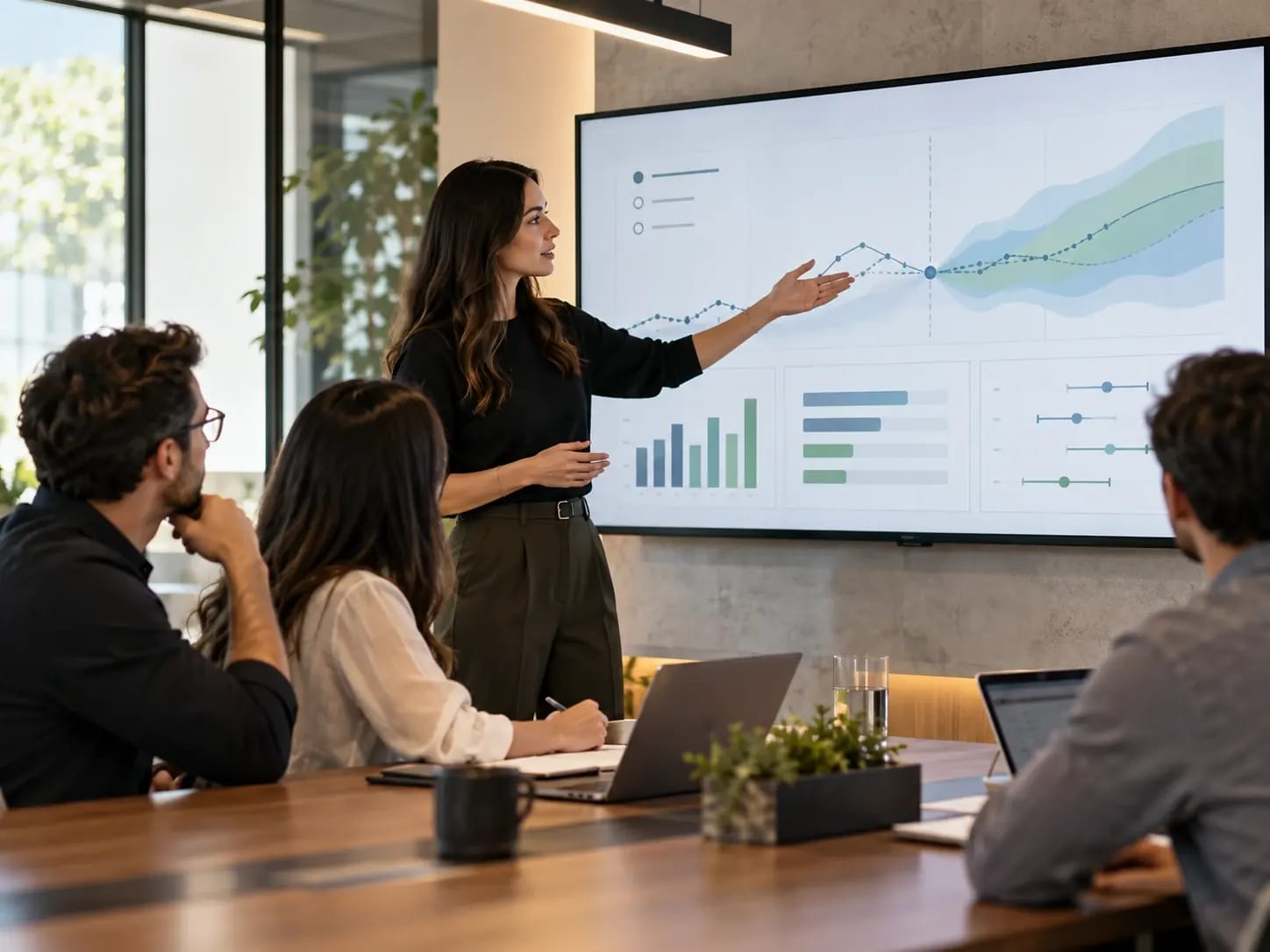 An SEO consultant walks a client team through a forecast chart and timeline ranges on a meeting-room screen