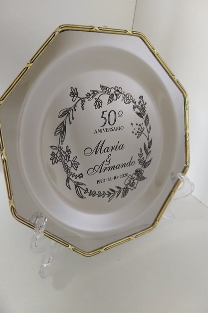 Imagen de producto Plato octogonal de acero 24 cm,  con guarda en bronce. Art. PAOG 24