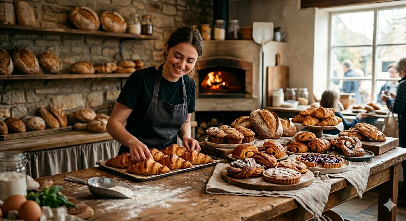 Bakery employee preparing fresh croissants and bread at Velvet Oven Co.