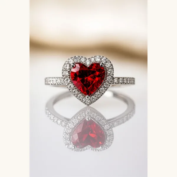 Zircon Ring Titanium Silver in variant Sizes Heart Design-199 (Maroon)