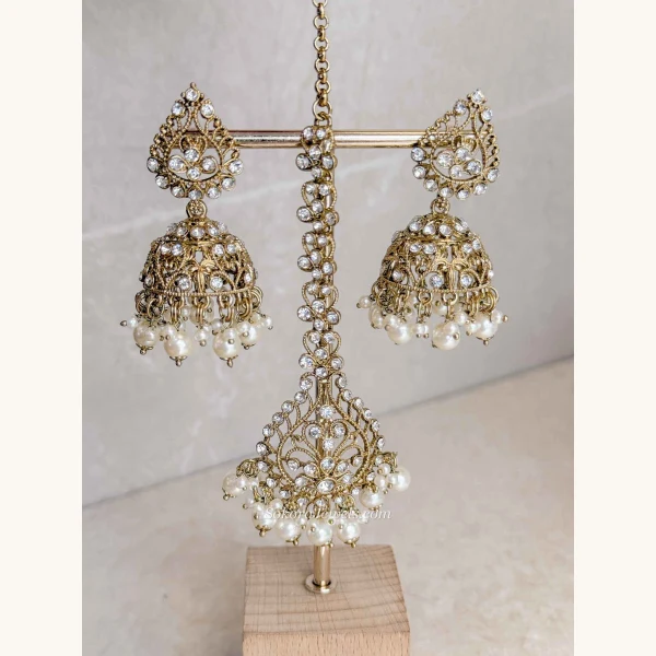 Antique Gold Crystal & Pearl Jhumka Earrings with Tikka Set