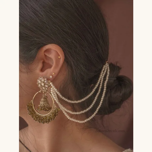 ChandBali Earrings with Pearl chains -  Khaki Green
