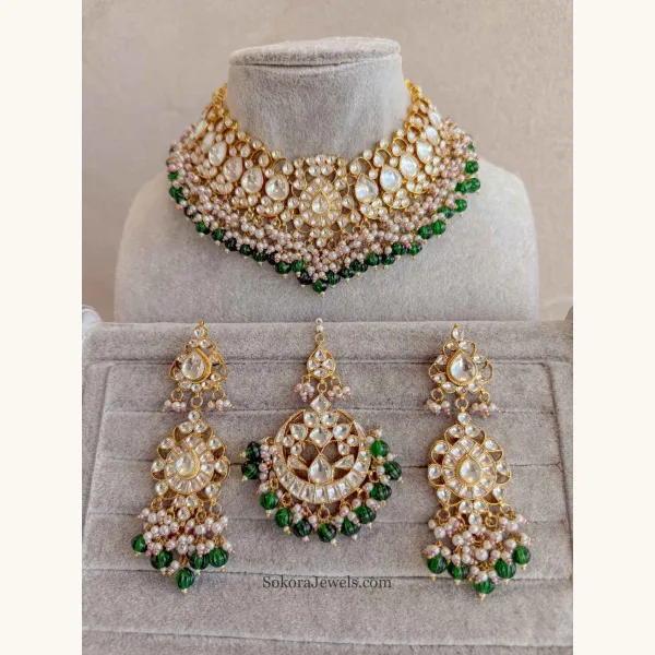 Gold Plated Heritage Kundan Bridal Necklace Set – Green, Pearl & Pastel Detailing